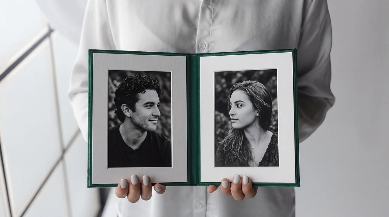 A small folio held open in two hands, one photograph on each side