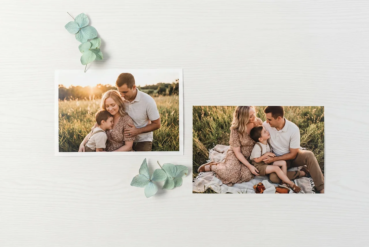 Fine art prints with hand-torn deckled edges laid out on pale wood